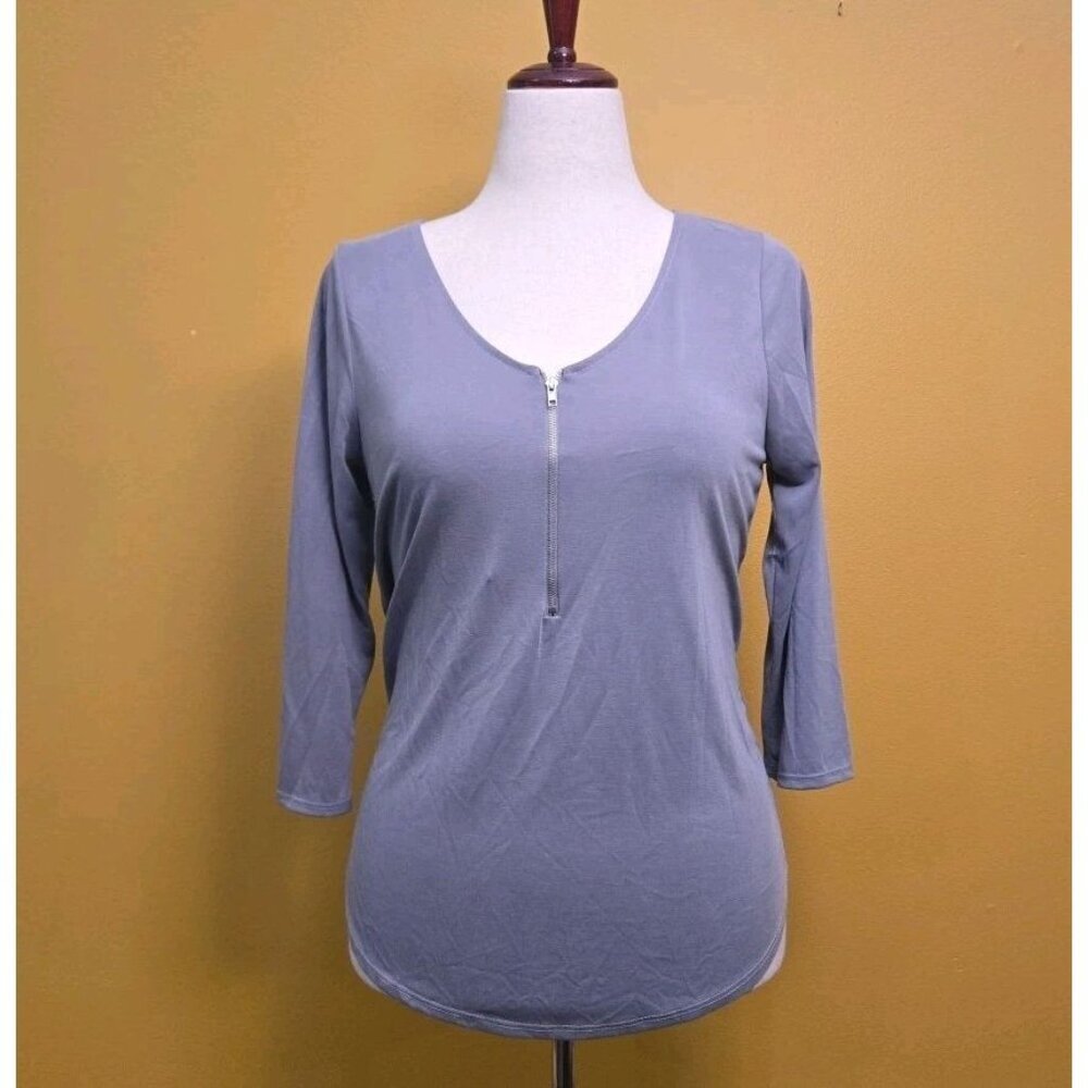 Green Envelope Zip Front Grey 3/4 Sleeved Blouse Top Medium Womens Modal NWT USA